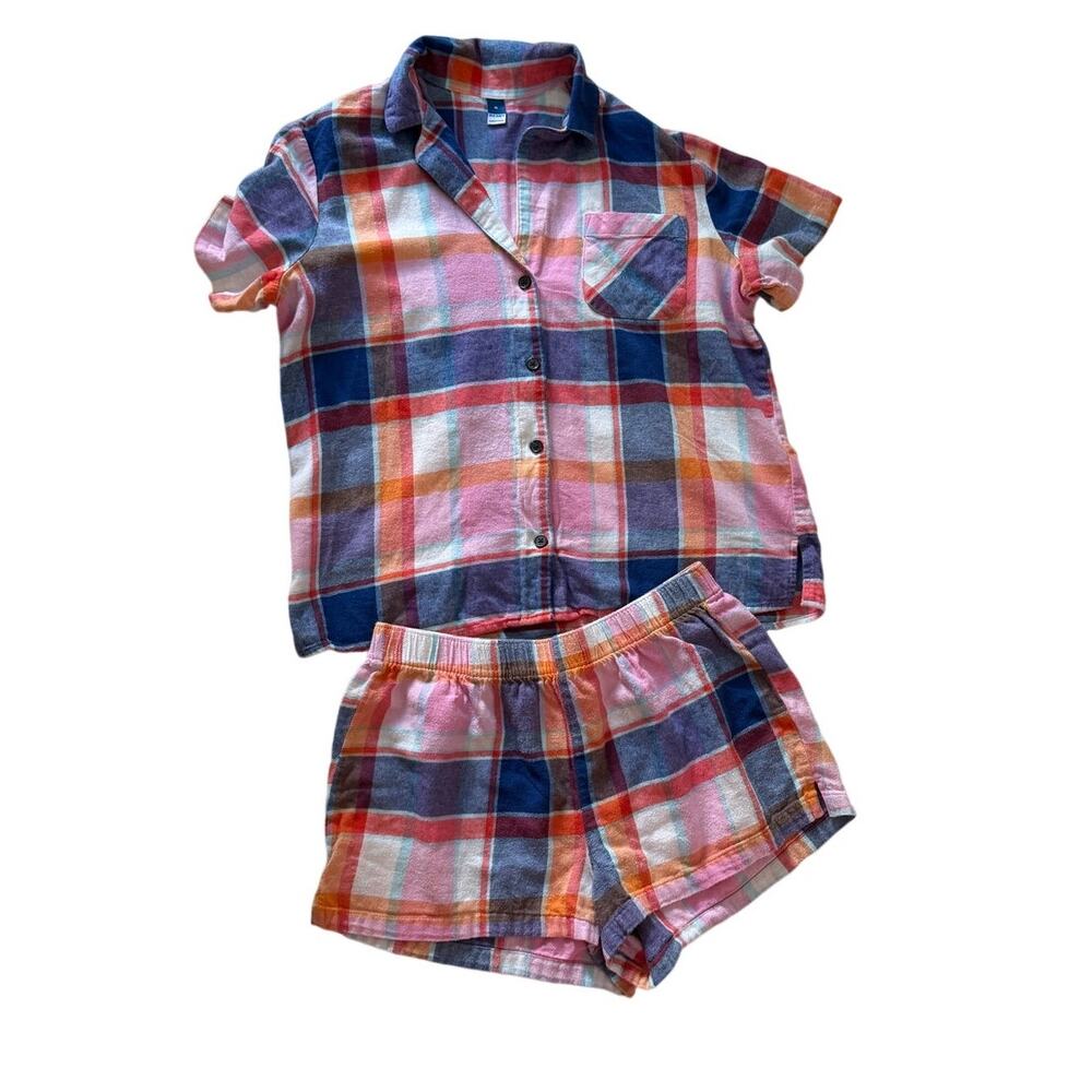 Old Navy Plaid Flannel Pajama Set Size M 100% Cotton Pink Navy Christmas